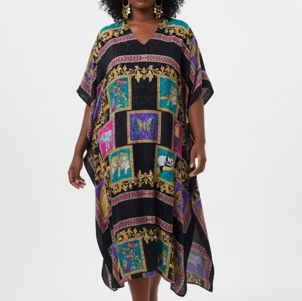 Ruth Norman Vintage Neiman Marcus Colorful Animal Print Kaftan Caftan Dress OS - Picture 2 of 16